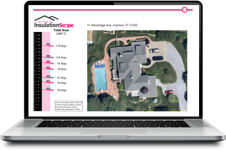  Laptop displaying an InsulationScope home insulation measurement report, featuring detailed square footage and material data for accurate insulation estimates and ordering on insulationscope.com.